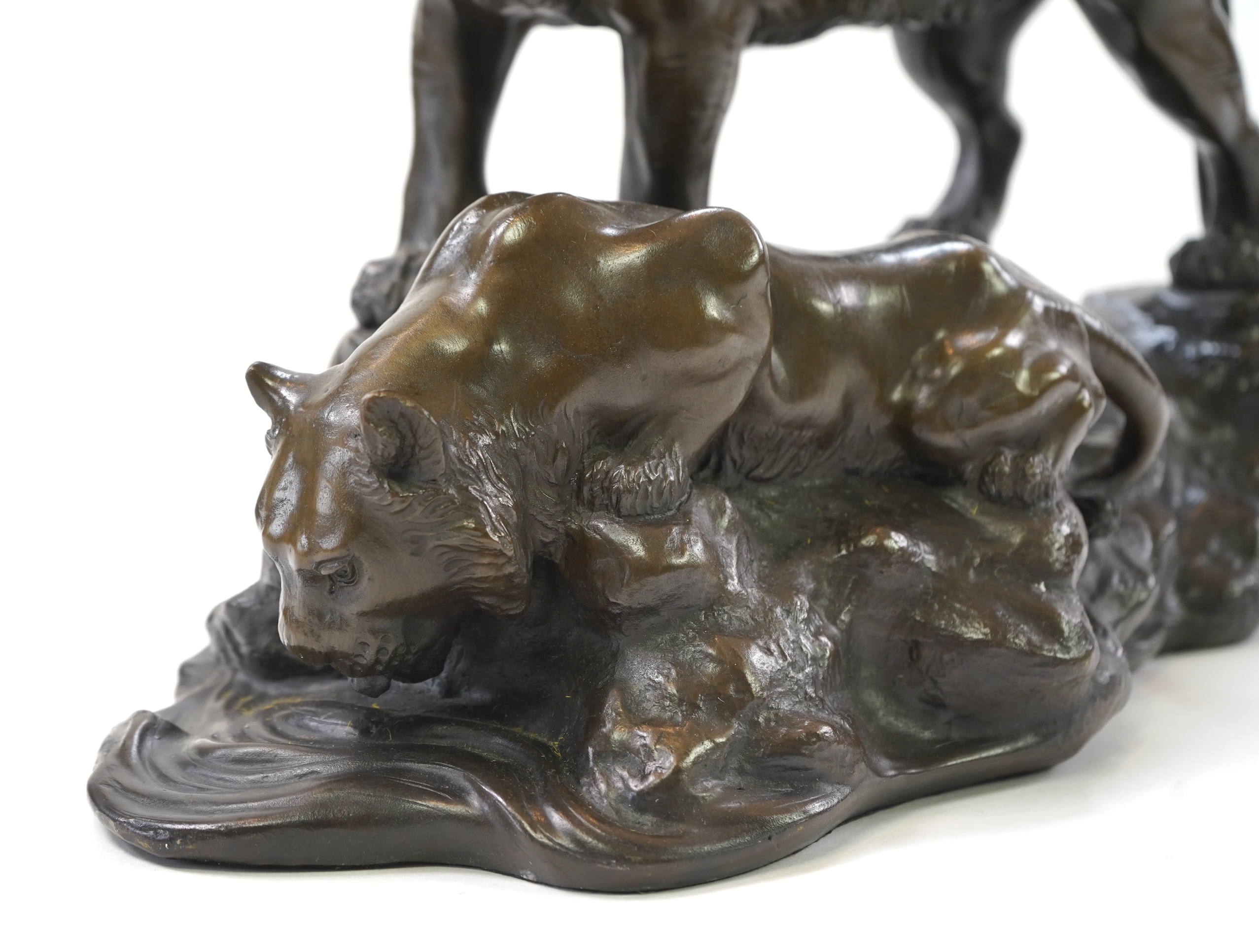 CHANGE TO DESCRIPTION- After Genryusai Seiya, a large patinated bronze group of two tigers on a riverbank